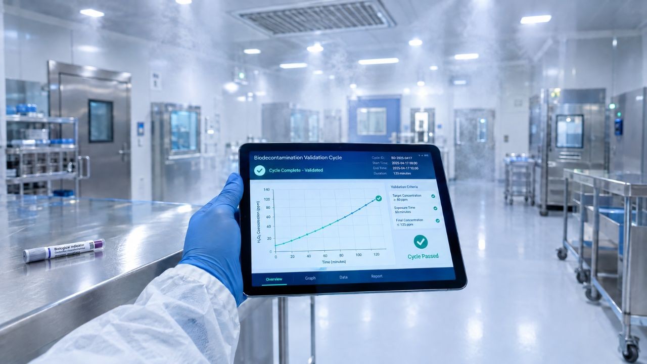 Cleanroom quality professional reviewing a Contamination Control Strategy document beside an automated biodecontamination cycle log
