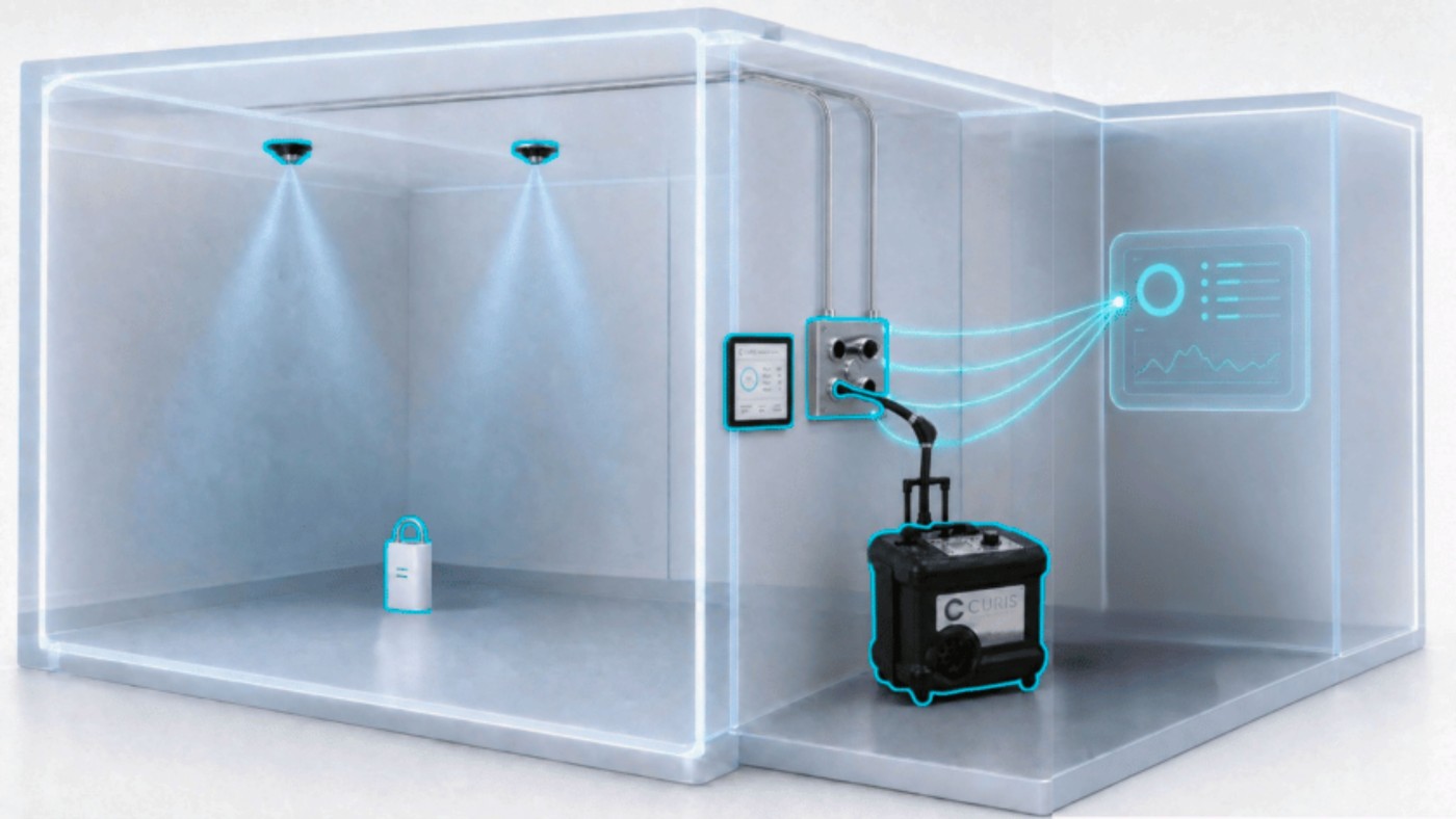 CURIS 3 biodecontamination units connected to a wall panel as part of the BMS Link System integrated biodecontamination solution