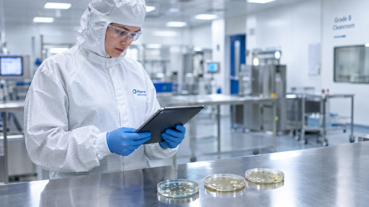 Pharmaceutical quality professional reviewing environmental monitoring data beside cleanroom settle plates and a biodecontamination cycle log