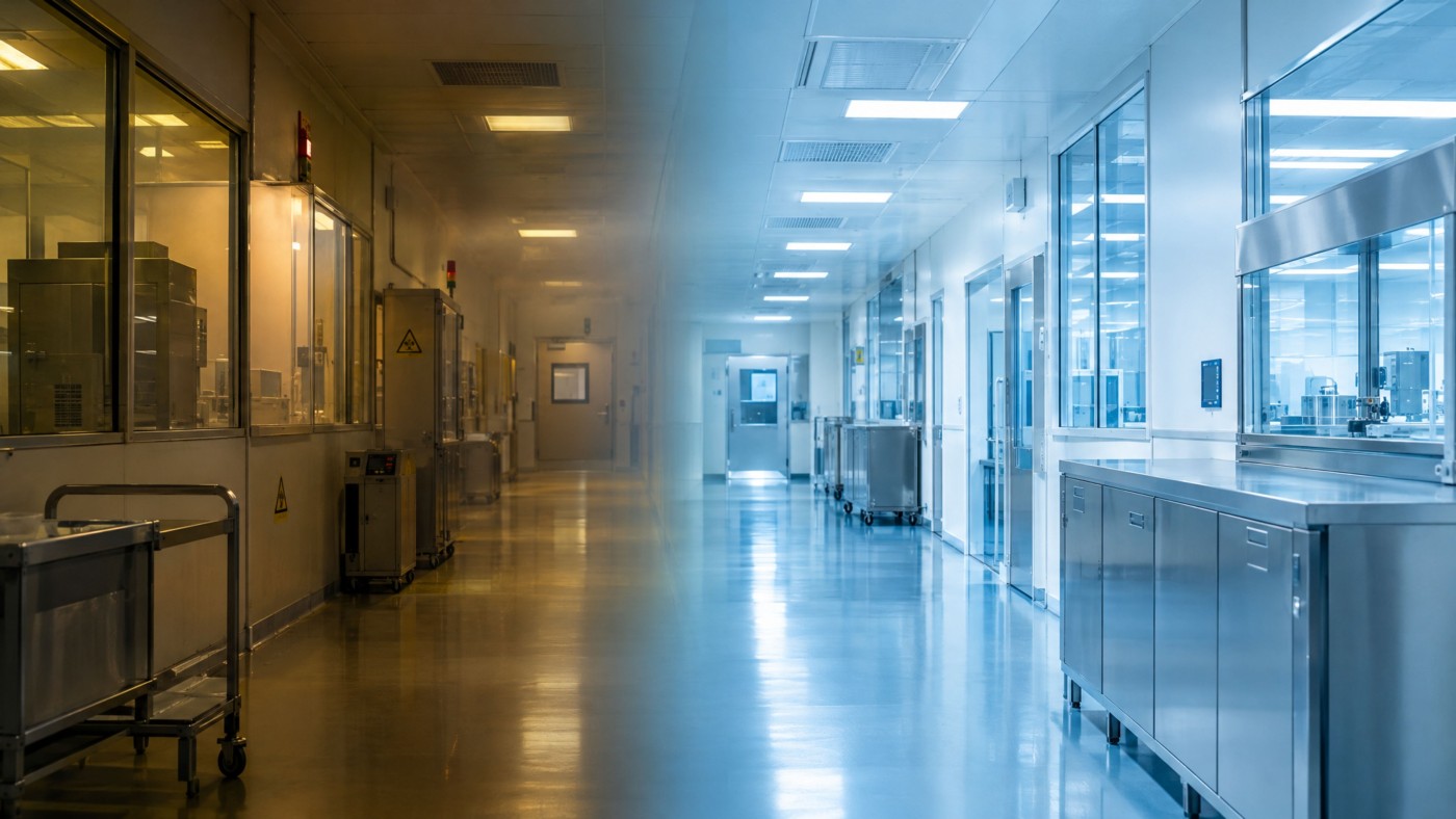 Modern pharmaceutical cleanroom representing the transition from formaldehyde to hydrogen peroxide decontamination