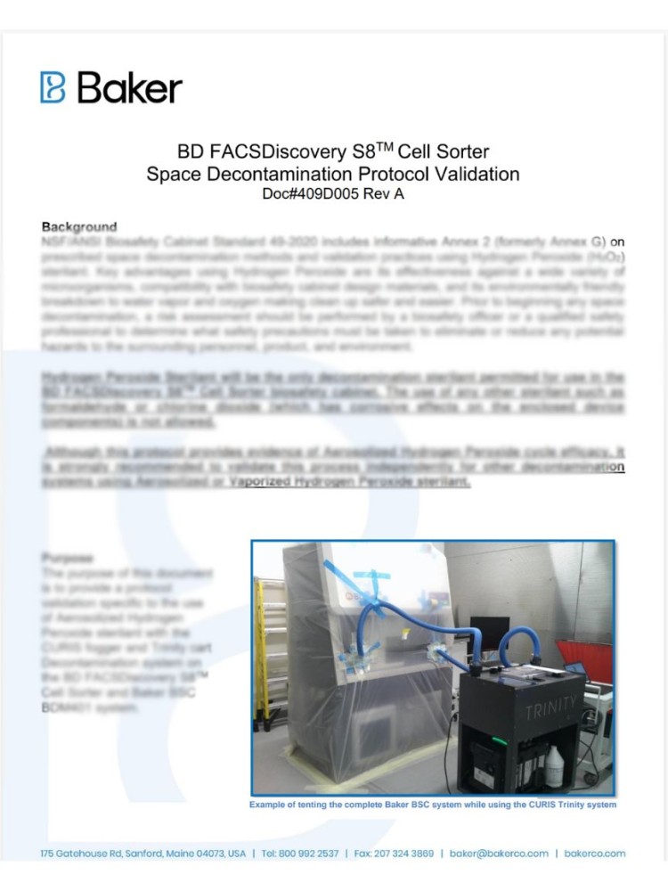 Picture of front cover of study showing decon of a BD cell sorter inside a Baker BSC using a CURIS TRINITY. 